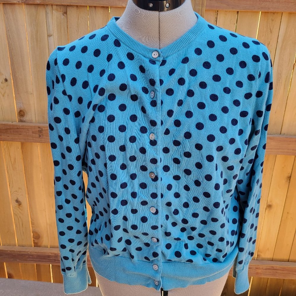 LANDS' END women's blue polka dot cardigan LARGE